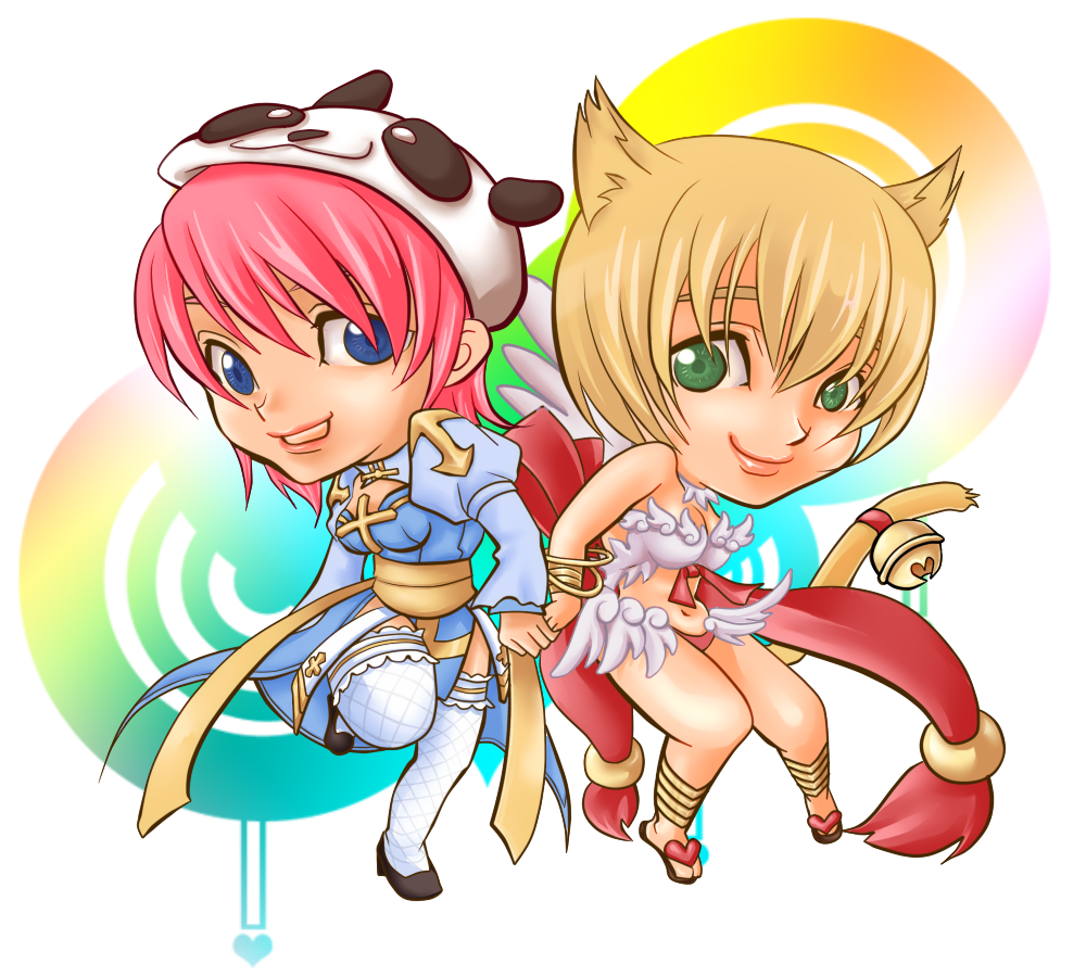 arch bishop (ragnarok online), wanderer (ragnarok online), ragnarok online, commentary request, 2girls, animal ears, bangle, bikini, black shoes, blonde hair, blue dress, blue eyes, bracelet, bracer, breasts, brown sandals, cat ears, cat girl, cat tail, chibi, chibi only, cleavage, cleavage cutout, closed mouth, clothing cutout, cross, dress, feather trim, feathered wings, fishnet thighhighs, fishnets, frilled thighhighs, frills, full body, green eyes, grey dress, jewelry, juliet sleeves, long sleeves, looking at viewer, medium breasts, mismatched bikini, multiple girls, panda hat, pink hair, puffy sleeves, red bikini, sandals, sash, shoes, short hair, smile, swimsuit, tail, tatsuaki fuji, thighhighs, two-tone dress, white background, white bikini, white thighhighs, white wings, wings, yellow sash