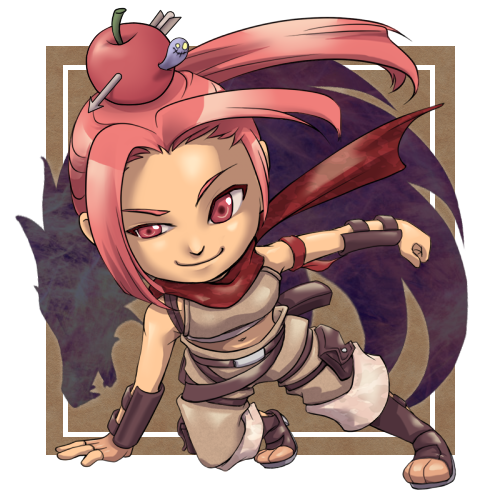 ranger (ragnarok online), ragnarok online, commentary request, lowres, 1boy, apple on head, arrow through apple, boots, brown boots, brown shirt, brown shorts, chibi, chibi only, closed mouth, full body, high ponytail, long hair, male focus, on one knee, pink hair, ponytail, red eyes, red scarf, scarf, shirt, shorts, sleeveless, sleeveless shirt, smile, solo, tatsuaki fuji