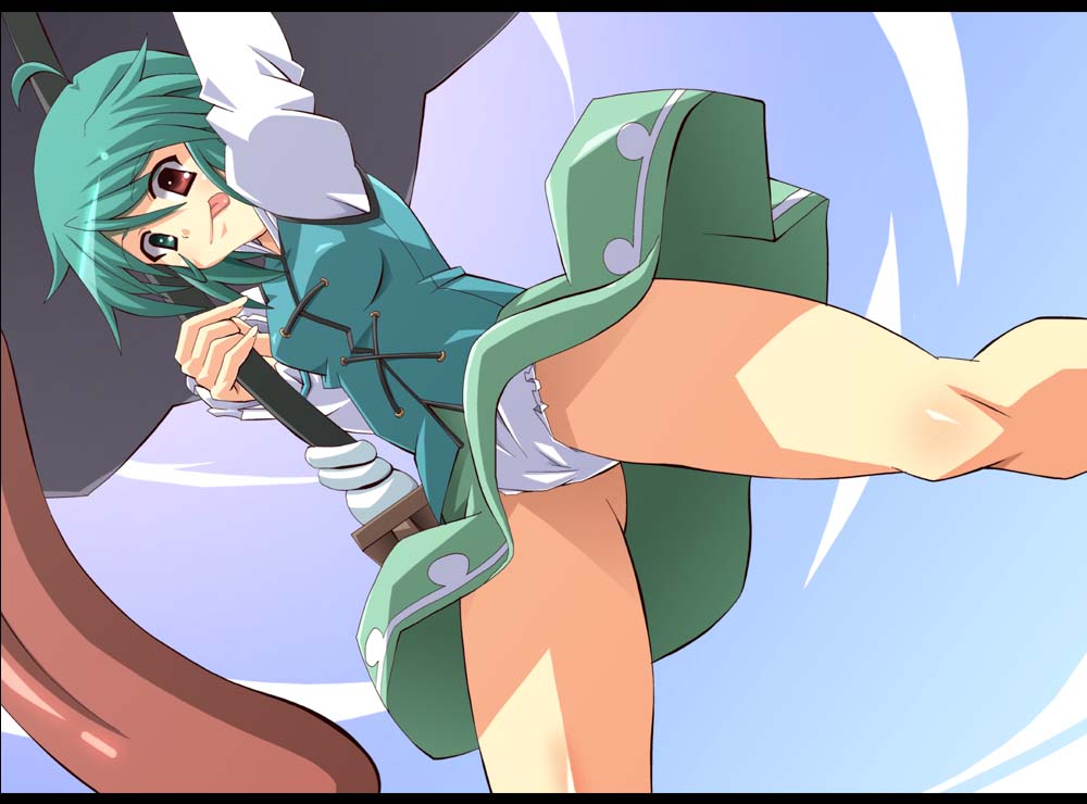 shin'ya (nanp), tatara kogasa, touhou, 1girl, :p, breasts, female focus, geta, gradient background, heterochromia, karakasa obake, outdoors, panties, pantyshot, skirt, sky, solo, tongue, tongue out, umbrella, underwear