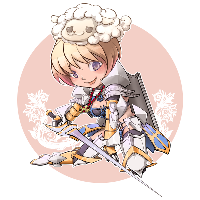 royal guard (ragnarok online), ragnarok online, commentary request, 1girl, armor, armored boots, bikini armor, black thighhighs, blonde hair, blush, boots, breasts, cross, cross necklace, cross of prontera, gauntlets, holding, holding polearm, holding weapon, jewelry, lance, looking at viewer, medium breasts, necklace, open mouth, pauldrons, polearm, purple eyes, sheep hat, shield, shield on back, short hair, shoulder armor, smile, solo, tatsuaki fuji, thighhighs, weapon, white background