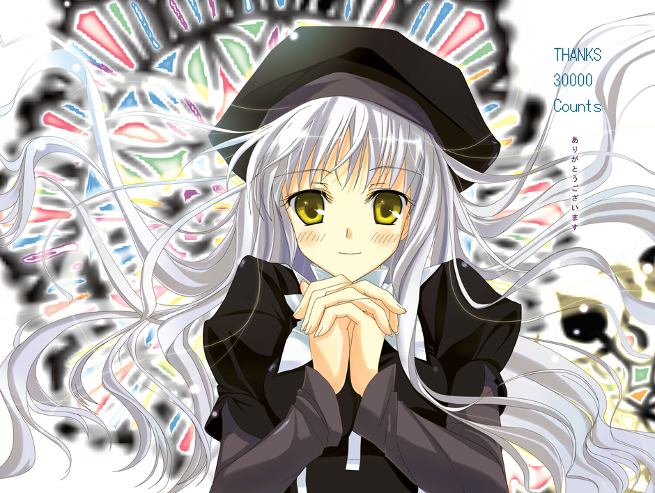 ameto yuki, caren hortensia, fate/hollow ataraxia, fate/stay night, fate (series), type-moon, silver hair, 00s, hat, layered sleeves, long hair, own hands clasped, own hands together, solo, yellow eyes