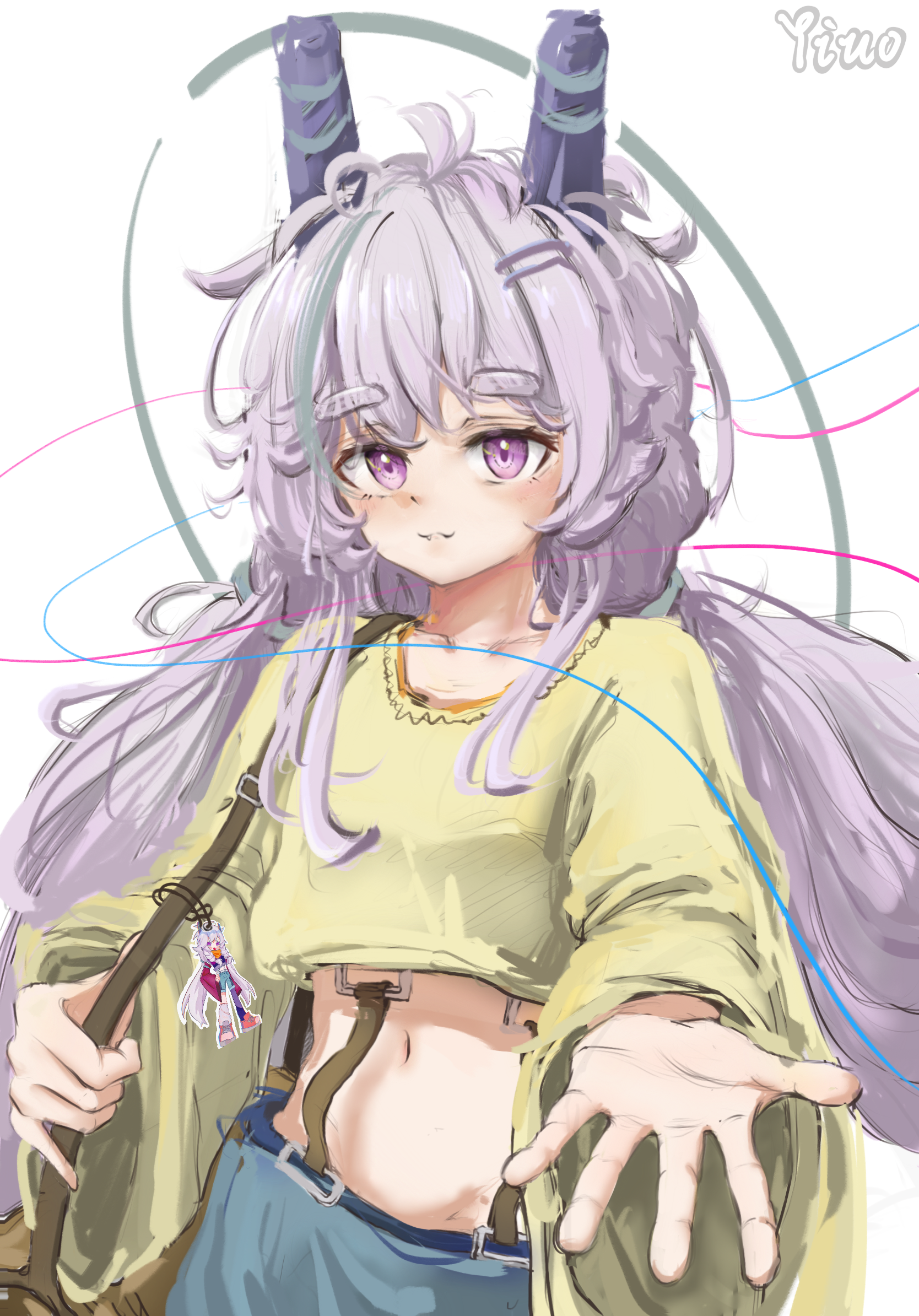 yiuo toyi, original, fluffy hair, chinese commentary, commentary request, highres, 1girl, artist name, character charm, charm (object), closed mouth, cowboy shot, crop top, cropped sweater, green sweater, grey hair, grey pants, hair ornament, hairclip, long hair, long sleeves, looking at viewer, midriff, navel, outstretched hand, pants, parallel hairclips, pink eyes, reaching, reaching towards viewer, simple background, solo, standing, sweater, white background, wide sleeves