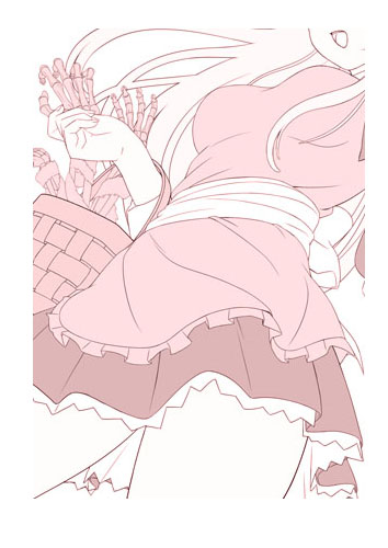 koutaro, original, lowres, 1girl, basket, female focus, head out of frame, monochrome, pink theme, skeleton, skirt, solo
