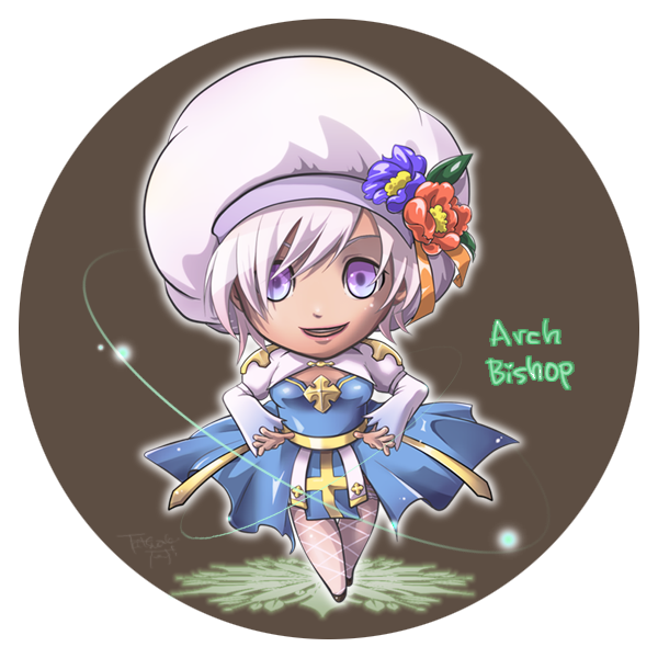 arch bishop (ragnarok online), ragnarok online, commentary request, 1girl, blue dress, border, brown background, character name, chibi, chibi only, cross, dress, fishnet thighhighs, fishnets, flower, full body, hat, hat flower, hat ornament, juliet sleeves, leaf hat ornament, long sleeves, looking at viewer, open mouth, puffy sleeves, purple eyes, purple flower, red flower, sash, short hair, smile, solo, tam (ragnarok online), tatsuaki fuji, thighhighs, transparent border, two-tone dress, white dress, white hair, white hat, white thighhighs, yellow sash