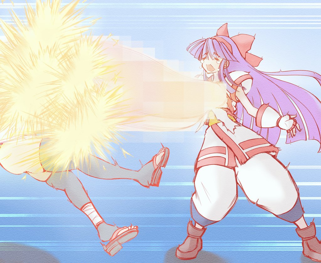iroha (samurai spirits), nakoruru, samurai spirits, snk, 2girls, ainu clothes, attack, breasts, breasts out, closed eyes, convenient censoring, feet, fingerless gloves, firing, gloves, hair ribbon, laser, legs, long hair, multiple girls, open mouth, pants, ribbon, tears, thighhighs, thighs, tongue, torn clothes, very long hair, what