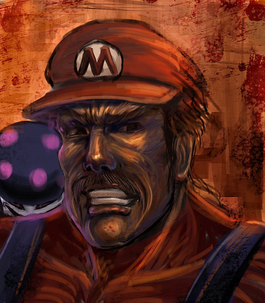 bccp, cefca palazzo, mario, poison mushroom, shroob, final fantasy, final fantasy vi, mario (series), nintendo, >:d, 1990s (style), 1boy, :d, blonde hair, clenched teeth, clothes writing, collarbone, hat, looking at viewer, male focus, open mouth, realistic, retro artstyle, skin tight, smile, teeth, upper body, v-shaped eyebrows