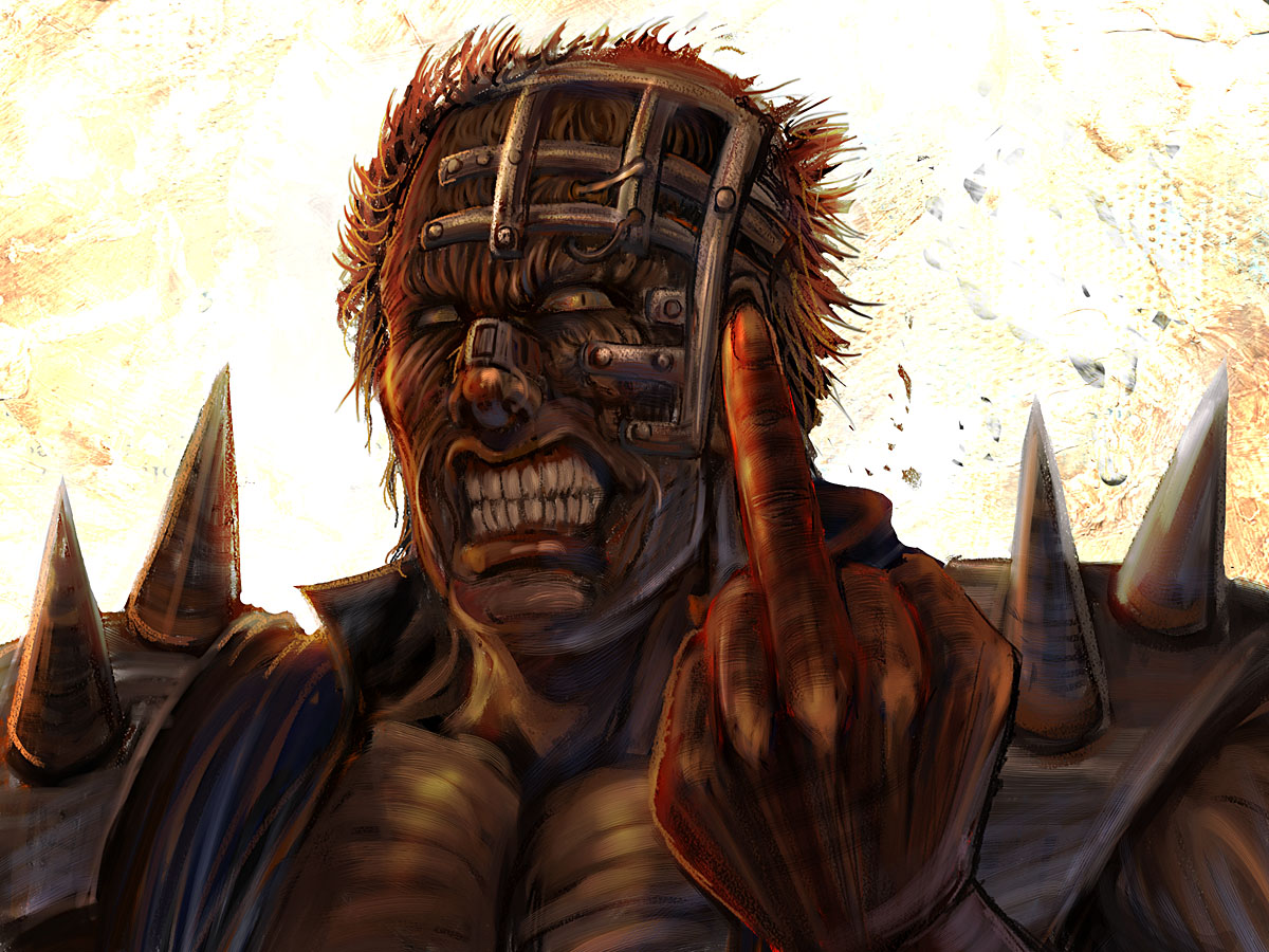 bccp, jagi, hokuto no ken, 1boy, angry, deformed, male focus, middle finger, solo, spikes, teeth, what, wrinkled skin