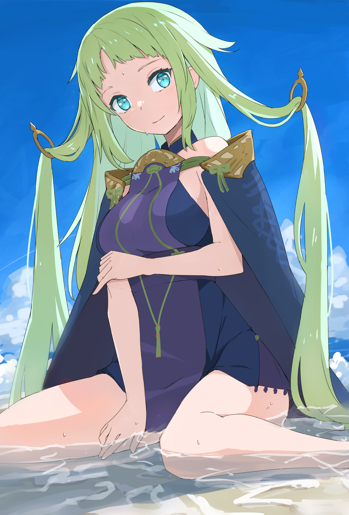 okosan (pixiv), einrain (blue protocol), blue protocol, highres, blue eyes, breasts, day, feet out of frame, green eyes, light smile, long hair, medium breasts, outdoors, ring hair ornament, sitting, sitting on water, very long hair, wariza, water