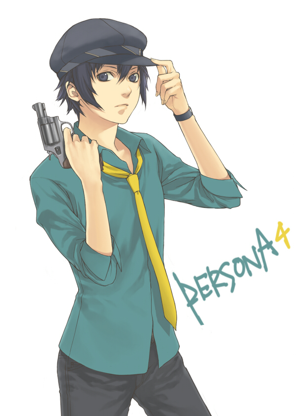 minato (robin), shirogane naoto, atlus, persona, persona 4, bad id, bad pixiv id, 1girl, androgynous, blue eyes, blue hair, female focus, gun, handgun, hat, matching hair/eyes, necktie, pistol, reverse trap, revolver, short hair, solo, weapon