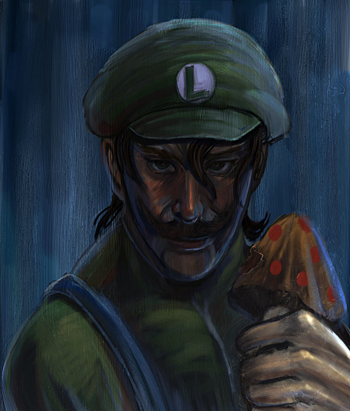 bccp, luigi, mario (series), nintendo, 1boy, blue background, brown eyes, brown hair, closed mouth, clothes writing, dark, facial hair, flipped hair, food, food bite, green hat, green shirt, hair between eyes, hat, holding, holding food, looking at viewer, male focus, muscular, mushroom, mustache, portrait, profile, realistic, shirt, solo, strap, super mushroom, upper body