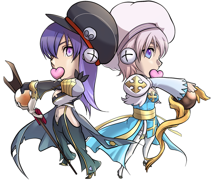 arch bishop (ragnarok online), warlock (ragnarok online), ragnarok online, commentary request, 2girls, black gloves, black hat, black pants, blue dress, blue eyes, chibi, chibi only, cleavage cutout, clothing cutout, coat, crop top, cross, dress, frilled thighhighs, frills, full body, gloves, grey coat, grey hair, hat, hat ornament, holding, holding staff, juliet sleeves, long hair, long sleeves, looking at viewer, multiple girls, navel, newsboy cap, open clothes, open coat, open mouth, pants, puffy sleeves, purple eyes, purple hair, sash, shirt, simple background, skull hat ornament, staff, suspenders, tam (ragnarok online), tatsuaki fuji, thighhighs, transparent background, two-tone dress, white dress, white hat, white shirt, white thighhighs, yellow sash