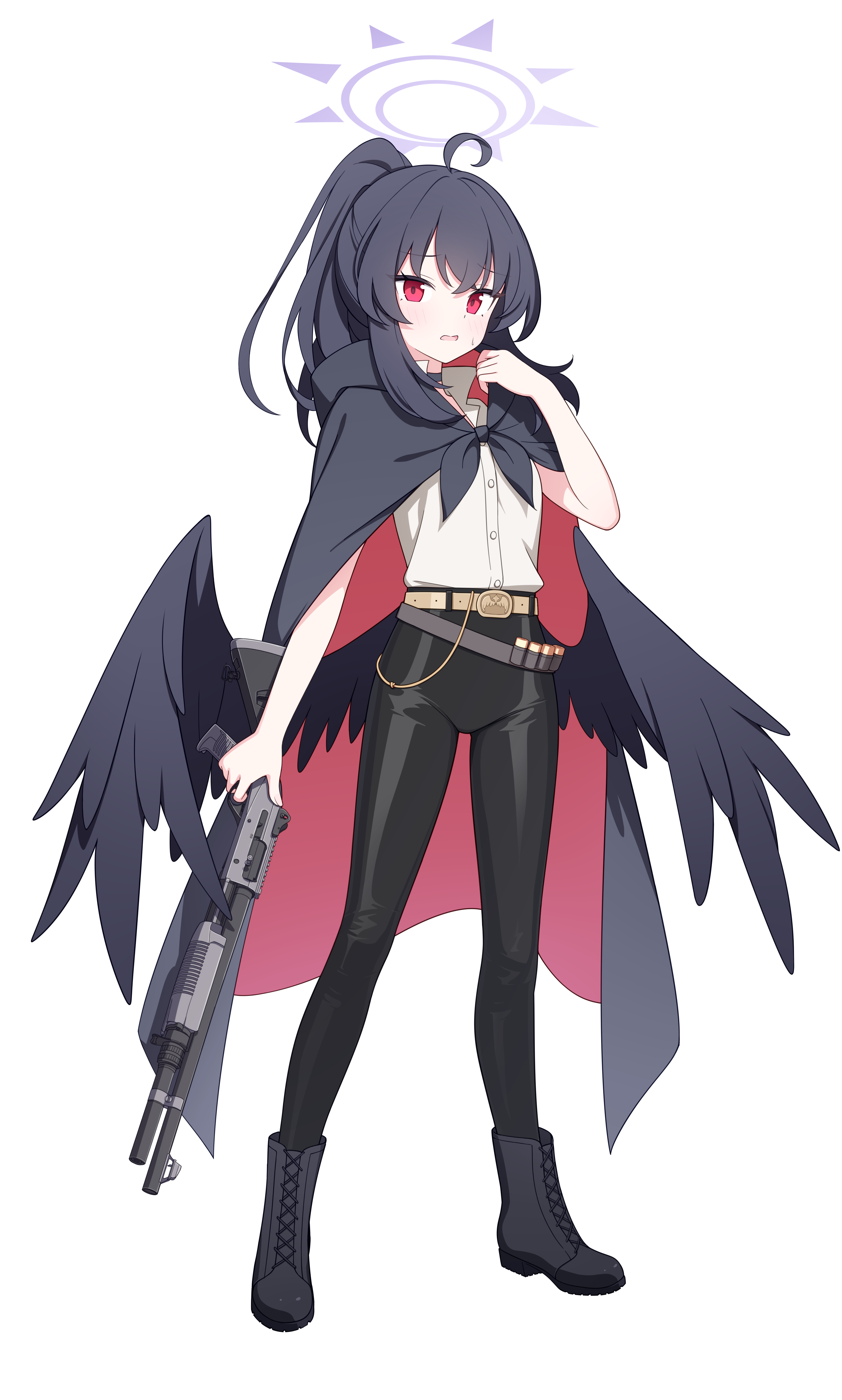 jyt, blue archive, original, absurdres, highres, large variant set, variant set, 1girl, ahoge, belt, black boots, black choker, black cloak, black hair, black pants, black wings, blush, boots, brown belt, buttons, choker, cloak, collared shirt, fabarm sdass, feathered wings, full body, gun, hair between eyes, halo, hand up, holding, holding gun, holding weapon, hood, hood down, hooded cloak, lace-up boots, leather, leather pants, long hair, looking at viewer, low wings, multicolored cloak, open mouth, pants, ponytail, pump action, purple halo, red cloak, red eyes, shirt, shirt tucked in, shotgun, sidelocks, simple background, sleeveless, sleeveless shirt, solo, standing, sweatdrop, tachi-e, transparent background, two-sided cloak, two-sided fabric, two-tone cloak, wavy mouth, weapon, white shirt, wings