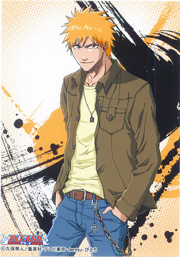 kurosaki ichigo, bleach, lowres, 00s, casual, chain, denim, hands in pockets, jeans, jewelry, male focus, necklace, orange hair, pants, solo, spiked hair