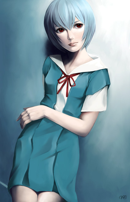 itori (clarice note), ayanami rei, neon genesis evangelion, bad id, bad pixiv id, blue hair, lips, red eyes, school uniform, short hair, solo