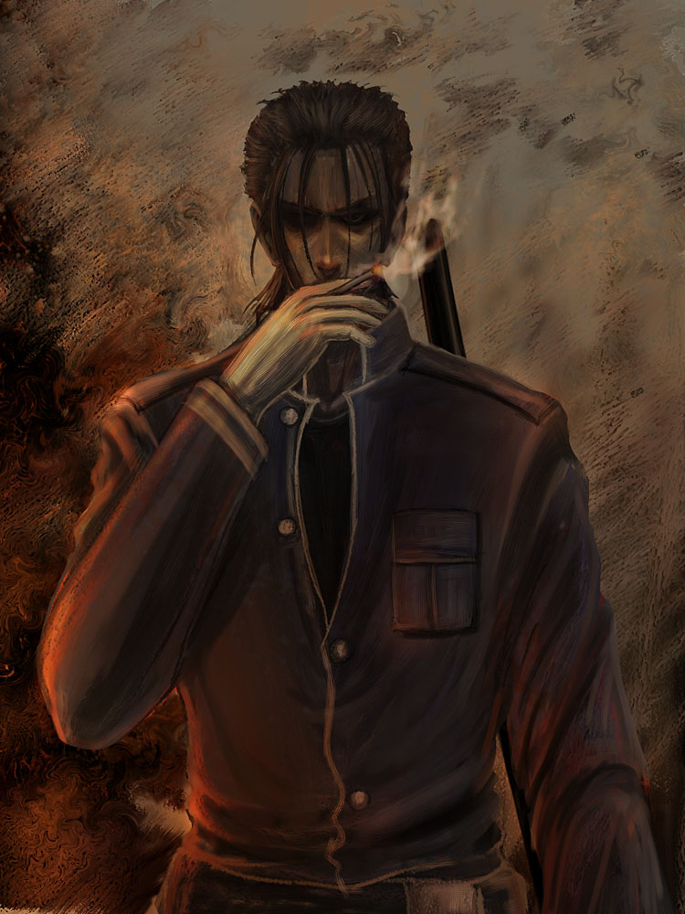bccp, saitou hajime, saitou hajime (rurouni kenshin), rurouni kenshin, 1boy, cigarette, katana, male focus, manly, solo, sword, weapon