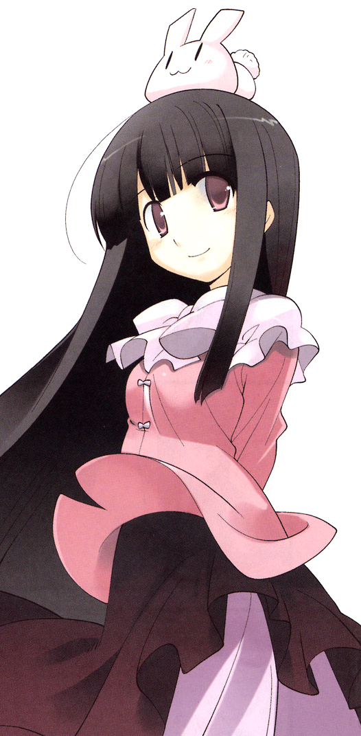 arata toshihira, houraisan kaguya, inaba of the moon and inaba of the earth, touhou, touhou bougetsushou, 1girl, :3, arms behind back, black hair, female focus, hime cut, japanese clothes, long hair, object on head, rabbit, simple background, smile, solo, | |