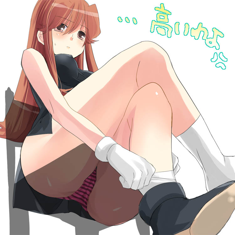 chiha, green (pokemon), nintendo, pokemon, pokemon adventures, bad id, bad pixiv id, 1girl, black dress, breasts, brown hair, crossed legs, dress, female focus, gloves, panties, pantyshot, shoes, simple background, single shoe, sitting, socks, solo, striped clothes, striped panties, underwear, white background