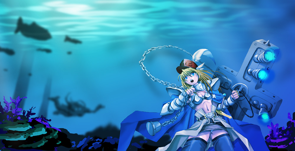 paladin (ragnarok online), ragnarok online, commentary request, 1girl, armor, black thighhighs, blonde hair, blue cape, blue eyes, boobplate, breastplate, breasts, brown skirt, cape, chain, coral, cowboy shot, cross, cross necklace, fish, fumizuki kei, grey cape, hat, jewelry, long hair, midriff, navel, necklace, open mouth, panties, pauldrons, red hat, shako cap, shoulder armor, skirt, small breasts, solo, thighhighs, underwater, underwear, waist cape, water, white panties