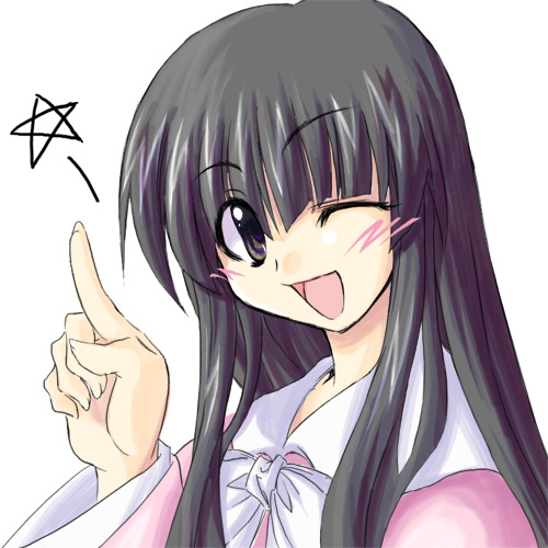 houraisan kaguya, touhou, lowres, 1girl, black eyes, black hair, blush, female focus, japanese clothes, long hair, one eye closed, open mouth, pentagram, pointing, simple background, smile, solo, star (symbol), upper body, wink