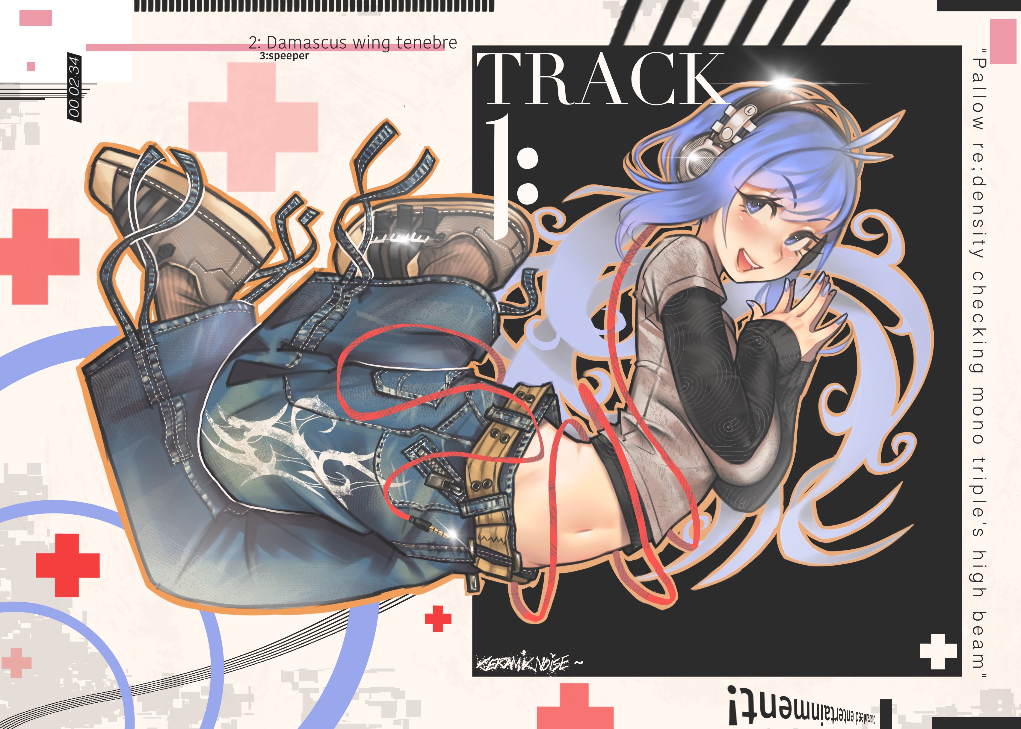 ceramicnoise, original, absurdres, highres, 1girl, blue eyes, blue hair, blue nails, crop top, denim, earphones, english text, jeans, open mouth, own hands clasped, own hands together, pants, solo