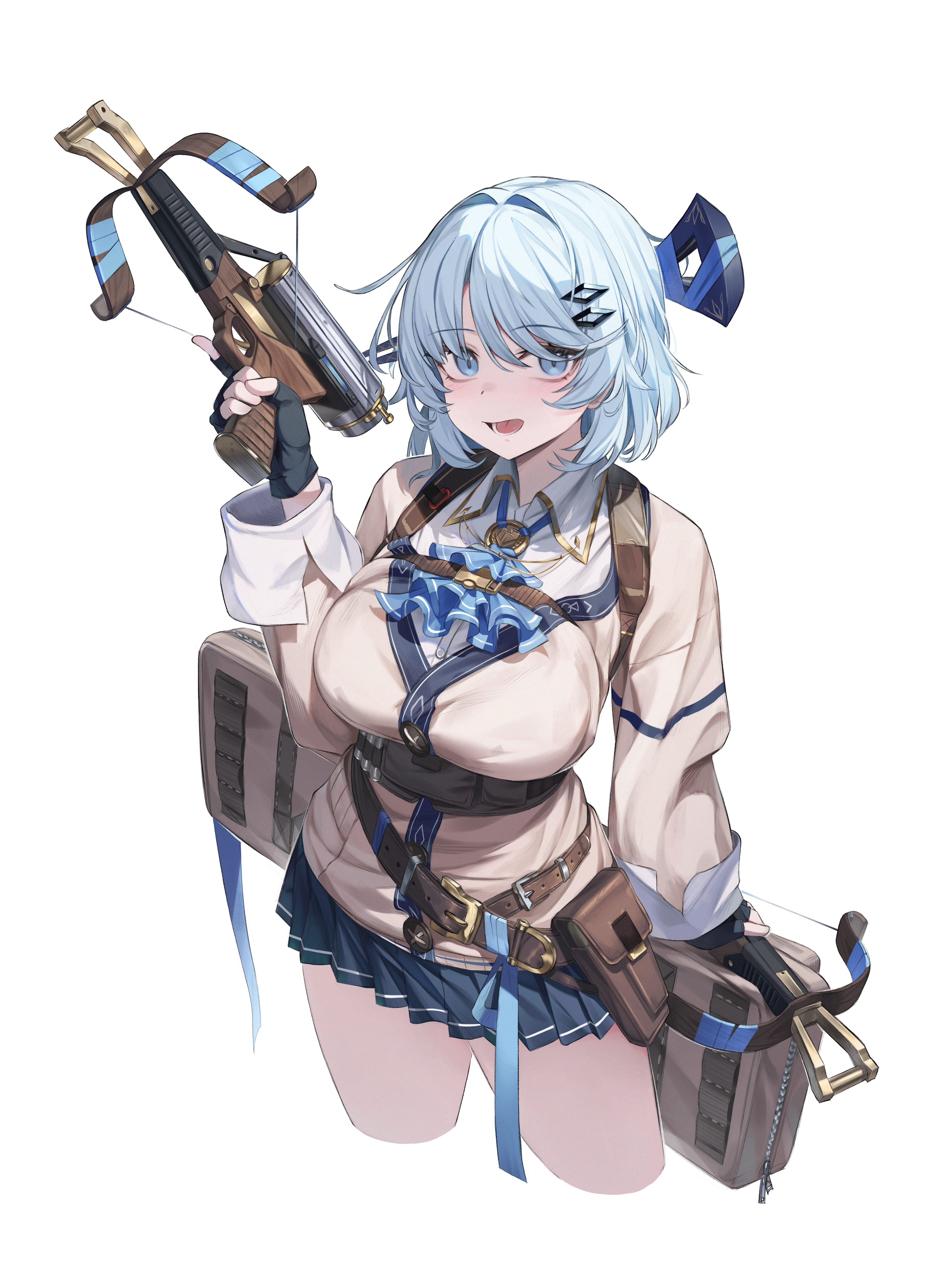 di le to, original, absurdres, commentary request, highres, 1girl, ascot, black gloves, blue ascot, blue eyes, blue hair, bow (weapon), breasts, brown jacket, crossbow, fingerless gloves, gloves, hair ornament, holding, holding crossbow, holding weapon, jacket, large breasts, looking at viewer, open mouth, short hair, simple background, solo, weapon, white background