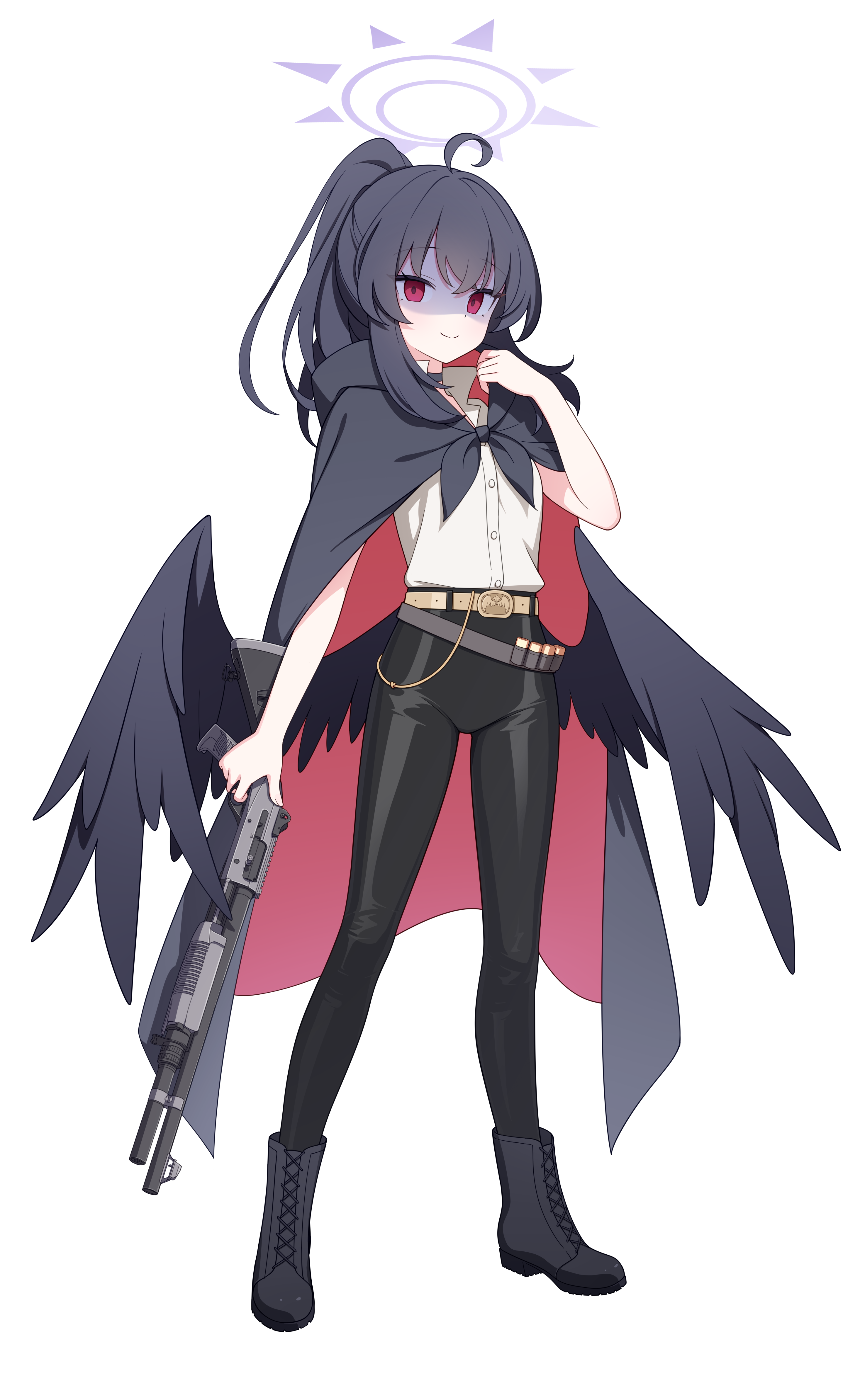 jyt, blue archive, original, absurdres, highres, large variant set, variant set, 1girl, ahoge, belt, black boots, black choker, black cloak, black hair, black pants, black wings, boots, brown belt, buttons, choker, cloak, closed mouth, collared shirt, fabarm sdass, feathered wings, full body, gun, hair between eyes, halo, hand up, holding, holding gun, holding weapon, hood, hood down, hooded cloak, lace-up boots, leather, leather pants, long hair, looking at viewer, low wings, multicolored cloak, pants, ponytail, pump action, purple halo, red cloak, red eyes, shaded face, shirt, shirt tucked in, shotgun, sidelocks, simple background, sleeveless, sleeveless shirt, smile, solo, split mouth, standing, tachi-e, transparent background, two-sided cloak, two-sided fabric, two-tone cloak, weapon, white shirt, wings