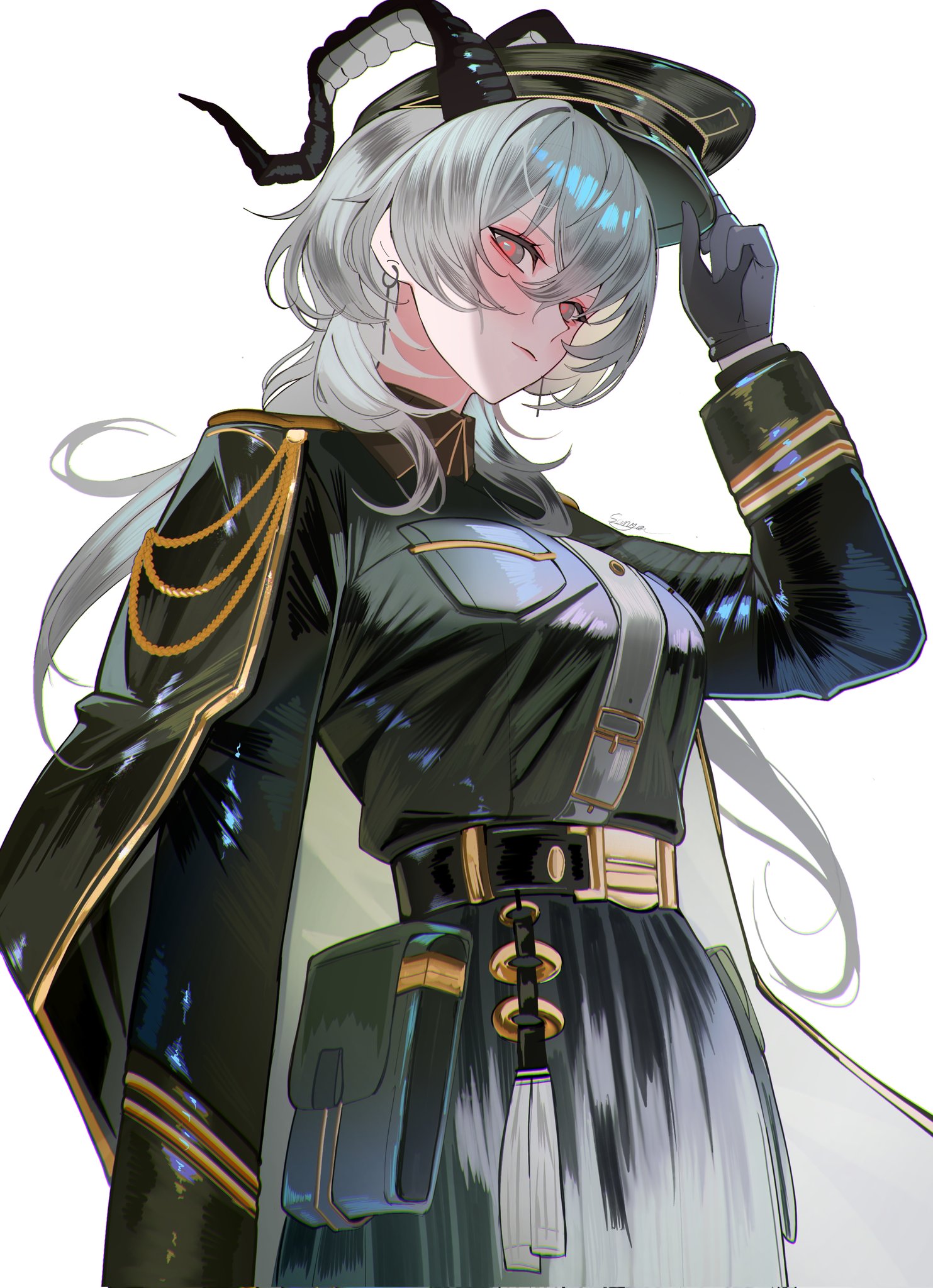 sanya (sanya lox228), zani (wuthering waves), wuthering waves, commentary, corrupted twitter file, english commentary, highres, 1girl, alternate costume, black dress, black eyes, black gloves, black horns, breasts, closed mouth, cowboy shot, curled horns, dress, earrings, gloves, grey hair, hat, horns, jewelry, key earrings, large breasts, long hair, long sleeves, looking at viewer, multicolored eyes, peaked cap, red eyes, simple background, solo, two-tone eyes, white background
