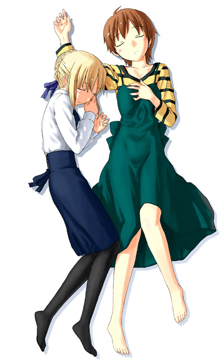 jas (littlecrime), artoria pendragon (fate), fujimura taiga, saber (fate), fate/stay night, fate (series), type-moon, 00s, 2girls, ahoge, barefoot, blonde hair, blouse, brown hair, feet, hair ribbon, multiple girls, pantyhose, ribbon, shirt, short hair, sleeping