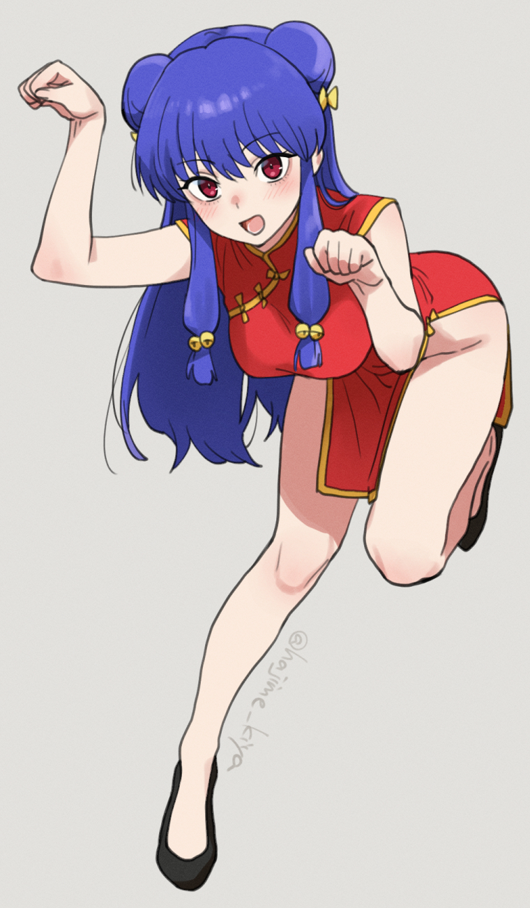 kiya hajime, shampoo (ranma 1/2), ranma 1/2, highres, 1girl, :d, bent over, black shoes, breasts, china dress, chinese clothes, double bun, dress, full body, hair bun, knees, long hair, looking at viewer, medium breasts, no panties, open mouth, paw pose, purple hair, red dress, shoes, sidelocks, smile, solo, standing, standing on one leg, thighs, tongue