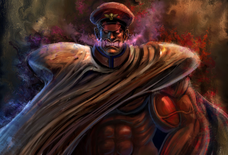 bccp, m. bison, capcom, street fighter, cape, male focus, muscular, solo, teeth