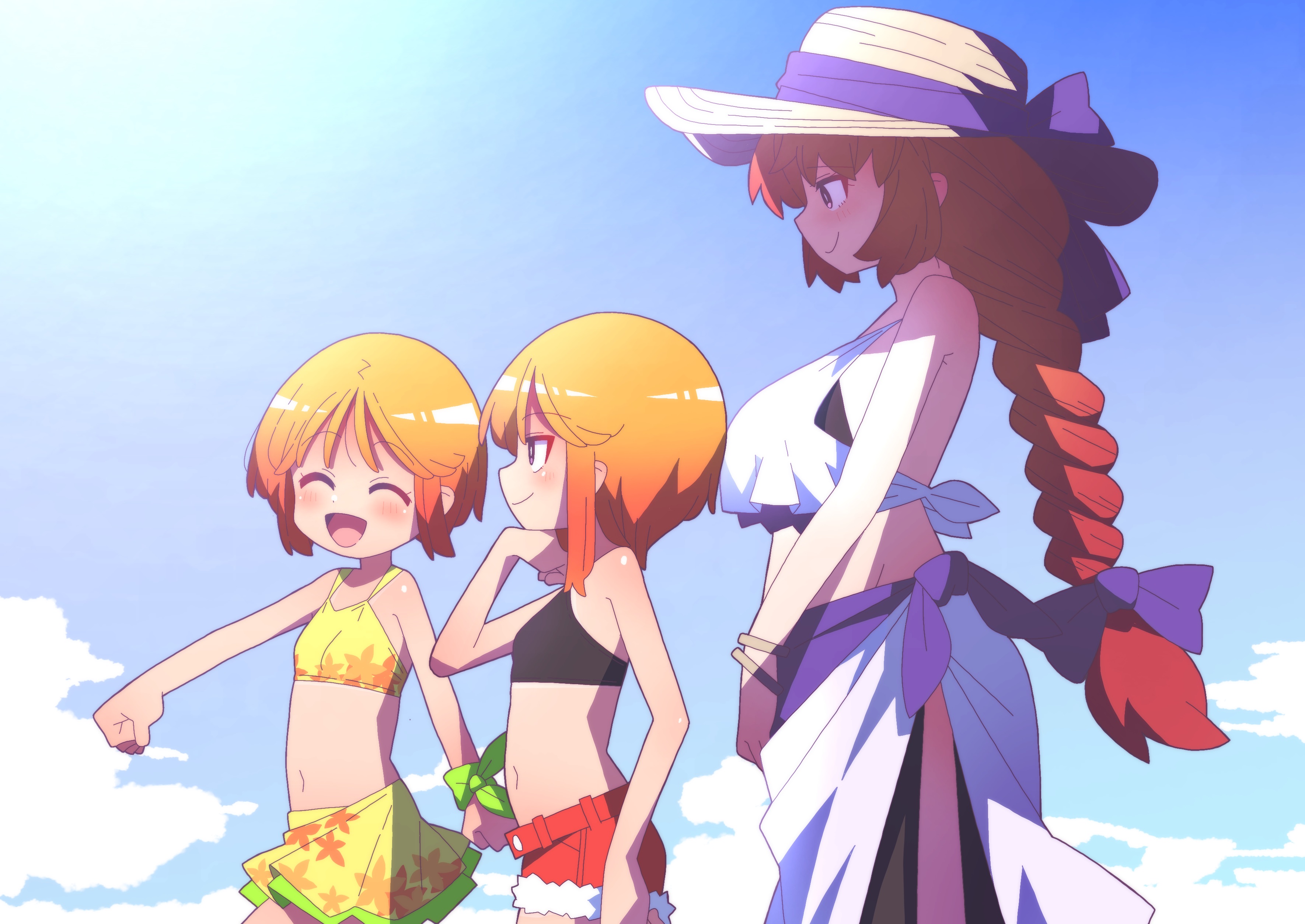 onimaru (onimal7802), elpeo puru, marida cruz, puru two, gundam, gundam zz, absurdres, highres, 3girls, closed eyes, happy, hat, midriff, multiple girls, navel, orange hair, short hair, shorts, smile, swimsuit, upper body, walking, white hat