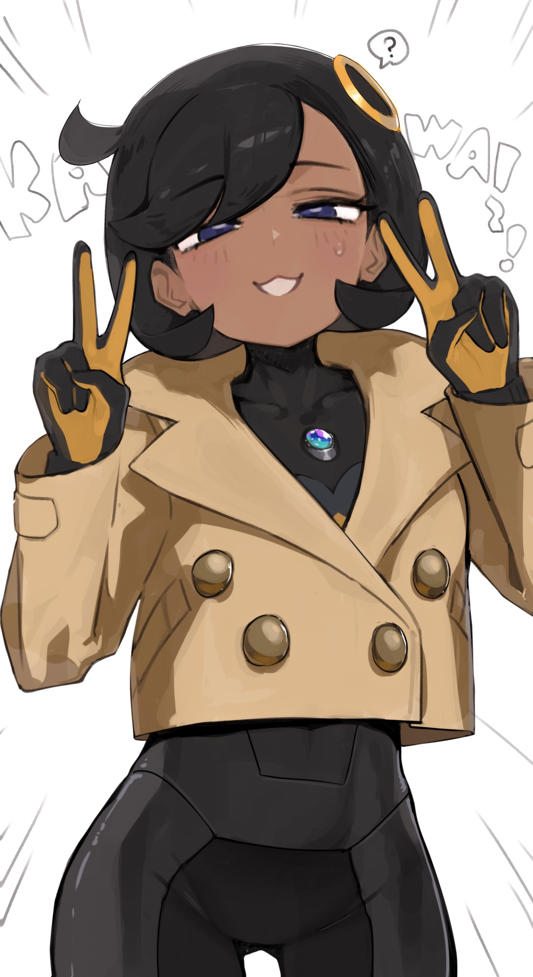 kashu (hizake), emma (pokemon), nintendo, pokemon, pokemon legends: z-a, highres, 1girl, :3, ?, black bodysuit, black hair, bodysuit, collarbone, cropped jacket, dark-skinned female, dark skin, double v, gloves, looking at viewer, open mouth, short hair, skin tight, solo, spoken question mark, sweatdrop, v