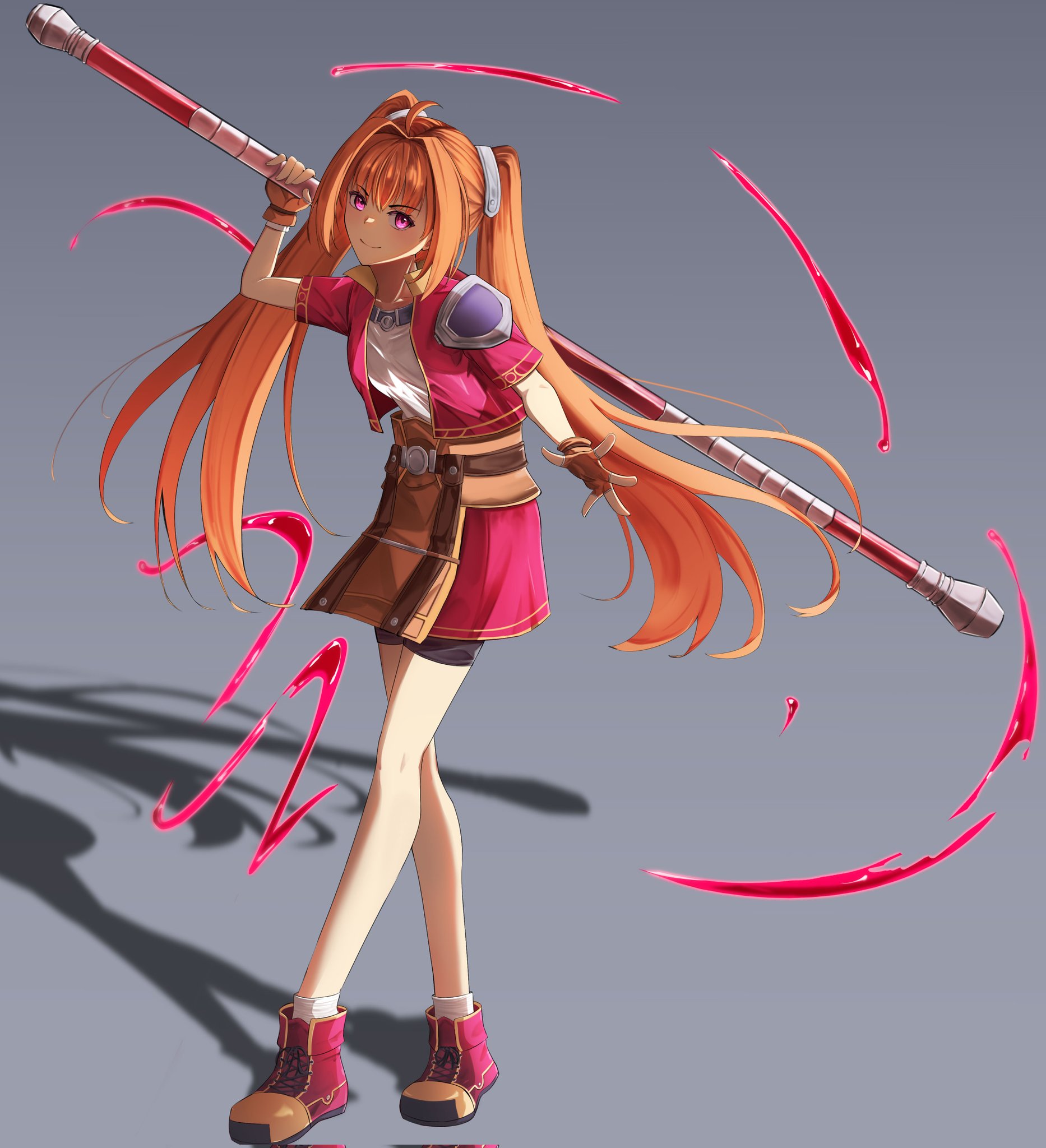 corecamilox4, estelle bright, eiyuu densetsu, sora no kiseki, commentary, english commentary, highres, 1girl, ahoge, antenna hair, armor, bike shorts, bike shorts under skirt, bo staff, brown gloves, brown hair, closed mouth, cropped jacket, fingerless gloves, full body, gloves, grey background, hair between eyes, hair intakes, holding, holding staff, holding weapon, jacket, long hair, looking at viewer, pauldrons, red eyes, shadow, shoes, short-sleeved jacket, short sleeves, shorts, shorts under skirt, shoulder armor, simple background, single pauldron, smile, sneakers, solo, staff, twintails, weapon
