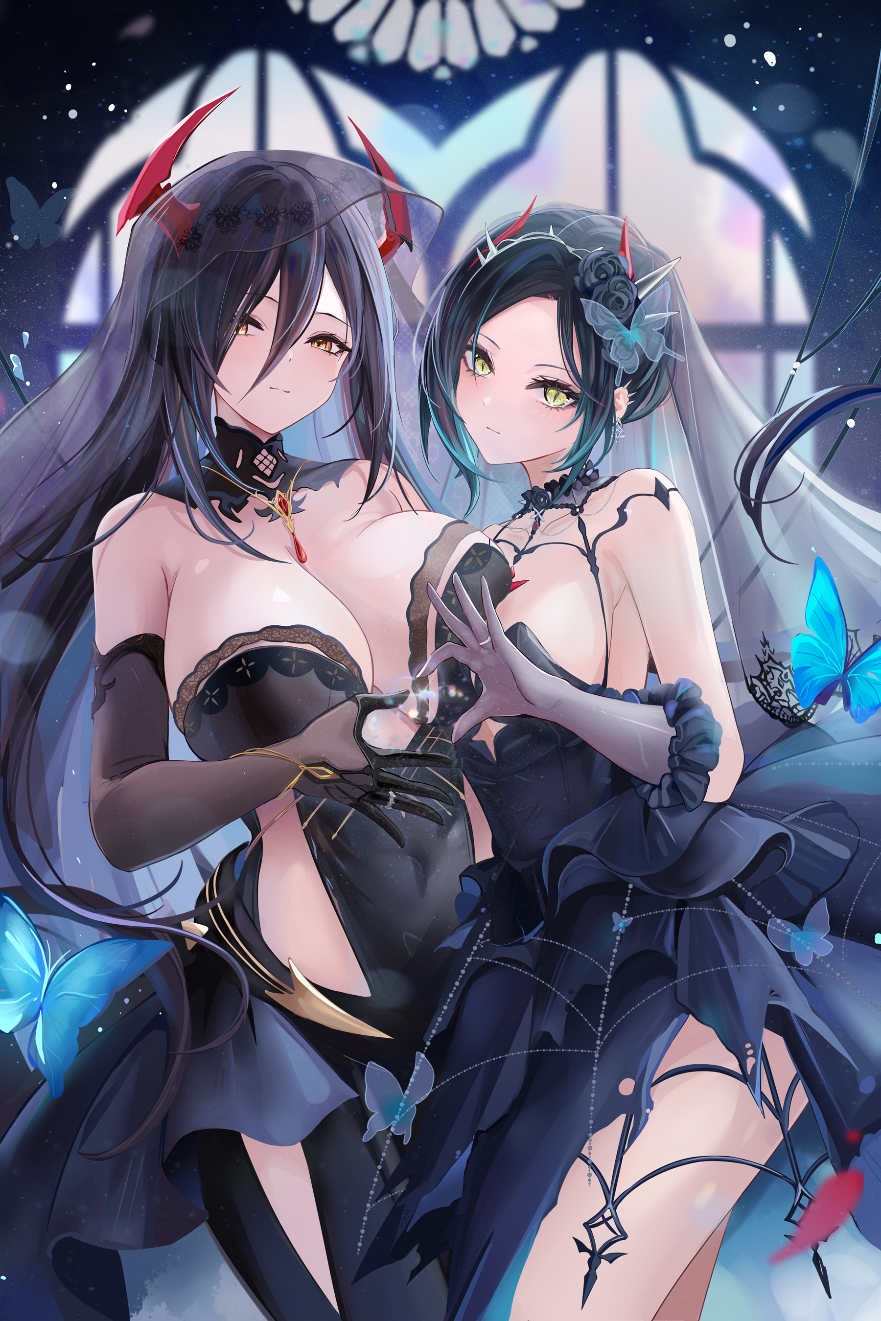 banchiyuebai, friedrich der grosse (azur lane), friedrich der grosse (zeremonie of the cradle) (azur lane), ulrich von hutten (azur lane), ulrich von hutten (liebestrank) (azur lane), azur lane, absurdres, commentary request, highres, 2girls, aqua hair, armpit crease, asymmetrical docking, bare shoulders, black background, black dress, black flower, black hair, black scrunchie, black veil, blue butterfly, breast press, breasts, bug, butterfly, butterfly hair ornament, butterfly ornament, cleavage, closed mouth, clothing cutout, covered navel, cutout above navel, dress, elbow gloves, falling petals, flower, gem, gloves, gold trim, gradient hair, hair between eyes, hair flower, hair ornament, heart, heart hands, horns, huge breasts, insect, jewelry, large breasts, light particles, light smile, long hair, long hair between eyes, looking at viewer, mechanical horns, multicolored hair, multiple girls, official alternate costume, parted bangs, petals, red gemstone, red horns, ring, scrunchie, see-through clothes, see-through veil, siblings, sisters, slit pupils, stained glass, standing, thighs, veil, very long hair, wedding dress, wedding ring, yellow eyes