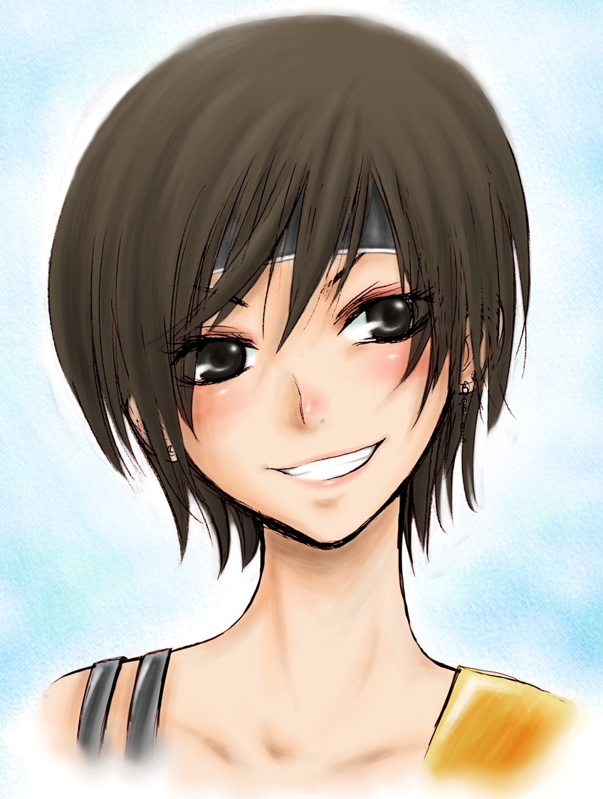 raiko, yuffie kisaragi, dirge of cerberus final fantasy vii, final fantasy, final fantasy vii, bad id, bad pixiv id, 1990s (style), 1girl, brown eyes, brown hair, earrings, female focus, gradient background, grin, head tilt, headband, jewelry, retro artstyle, short hair, smile, solo