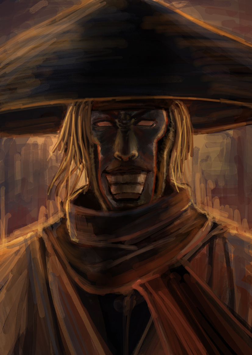 bccp, udo jine, udou jin'e, rurouni kenshin, 1boy, :d, blonde hair, bowl, bowl hat, brown theme, dark, evil grin, evil smile, grin, hat, looking at viewer, male focus, open mouth, scarf, smile, teeth, upper body