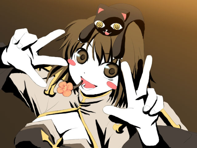 arch bishop (ragnarok online), ragnarok online, commentary request, 1girl, animal, animal on head, black cat, blush stickers, breasts, brown background, brown eyes, brown hair, cat, cat on head, cleavage, cleavage cutout, clothing cutout, double w, dress, flower, fumizuki kei, grey dress, high contrast, large breasts, looking at viewer, on head, open mouth, pink flower, smile, solo, upper body, w