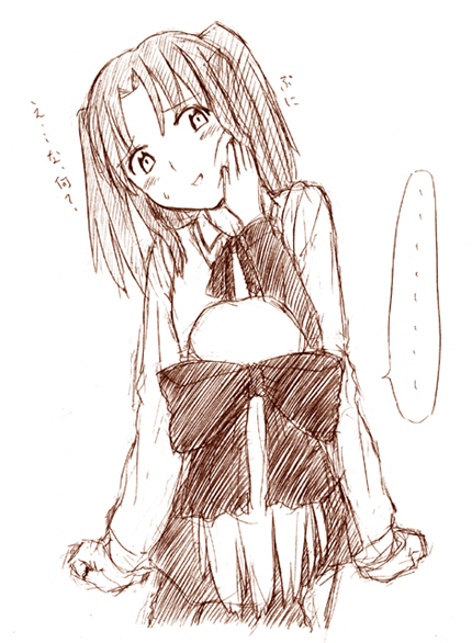 jas (littlecrime), len (tsukihime), yumizuka satsuki, tsukihime, translation request, …, 00s, 2girls, bow, brown theme, hair bow, monochrome, multiple girls