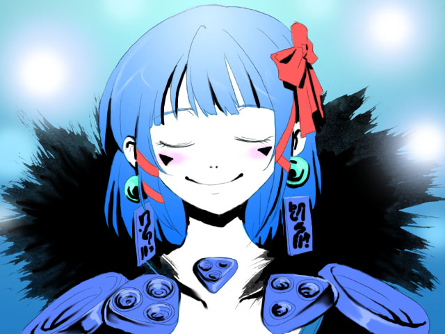 sorcerer (ragnarok online), ragnarok online, commentary request, 1girl, blue theme, blunt bangs, blush, bow, closed eyes, closed mouth, earrings, fumizuki kei, fur collar, hair bow, high contrast, jewelry, limited palette, red bow, short hair, smile, solo, sphere earrings, upper body