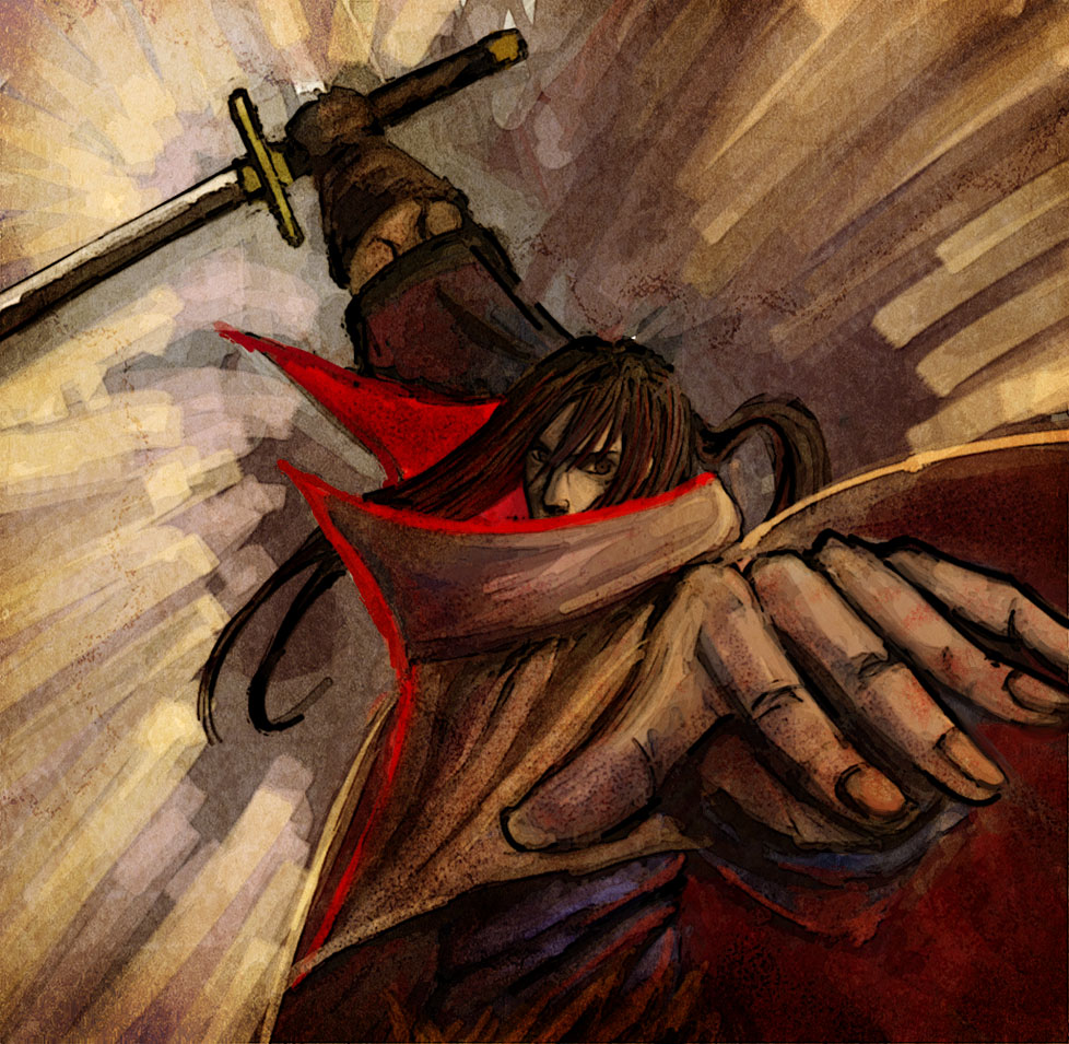 bccp, hiko seijuurou, rurouni kenshin, bad id, bad pixiv id, black hair, cape, male focus, sword, weapon