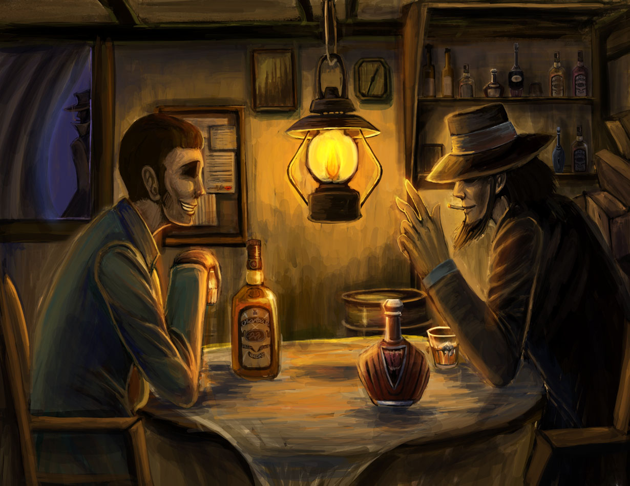 bccp, arsene lupin iii, jigen daisuke, zenigata kouichi, lupin iii, tms entertainment, 3boys, alcohol, beard, black hair, cigarette, facial hair, fedora, green jacket, hat, jacket, liquor, male focus, multiple boys, sideburns