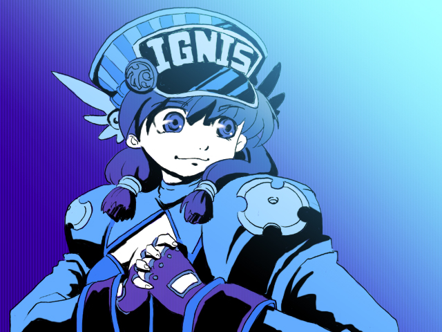 arch bishop (ragnarok online), ragnarok online, commentary request, 1girl, blue theme, closed mouth, cracking knuckles, dress, fumizuki kei, hair tubes, hat, ignis cap, juliet sleeves, limited palette, long hair, long sleeves, looking afar, peaked cap, puffy sleeves, smile, solo, upper body