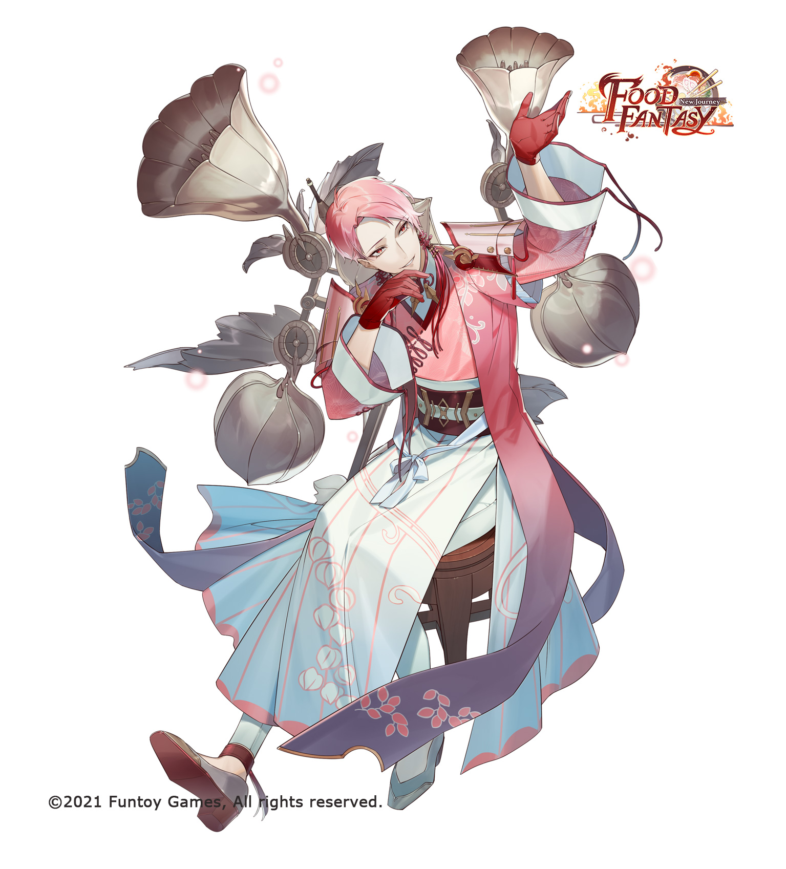 rezia, food fantasy, highres, official art, 1boy, apple-of-peru, arm up, armor, belt, bingfen (food fantasy), chinese clothes, coat, coattails, colored shoe soles, copyright logo, copyright notice, floral print, flower, full body, gloves, grey shoes, hair ornament, hand to own mouth, leaf print, light particles, logo, looking to the side, looking up, male focus, mechanical flower, open clothes, open coat, pankou, pants, parted lips, pink coat, pink hair, pink robe, plant, red eyes, red gloves, red sash, robe, sash, shoes, short hair, shoulder armor, side slit, simple background, sitting, smile, solo, swept bangs, tassel, tassel hair ornament, two-tone robe, waist sash, white background, white belt, white pants, white robe