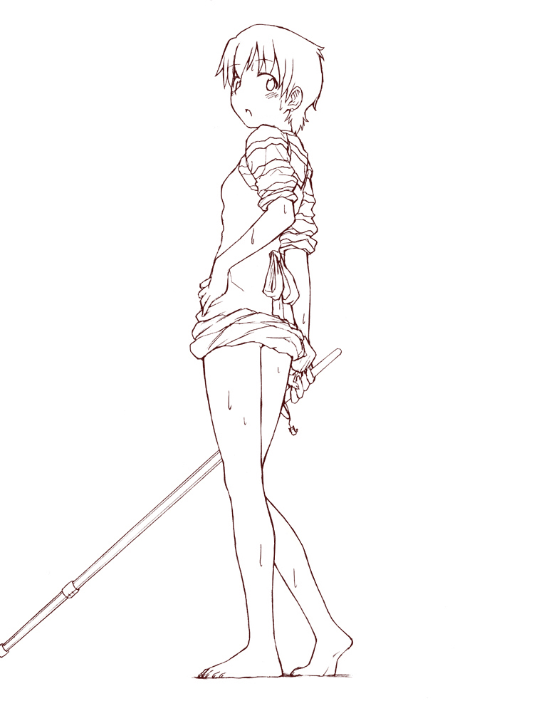jas (littlecrime), fujimura taiga, fate/stay night, fate (series), type-moon, 00s, 1girl, barefoot, brown theme, feet, female focus, legs, monochrome, shinai, short hair, solo, sweat, sword, weapon