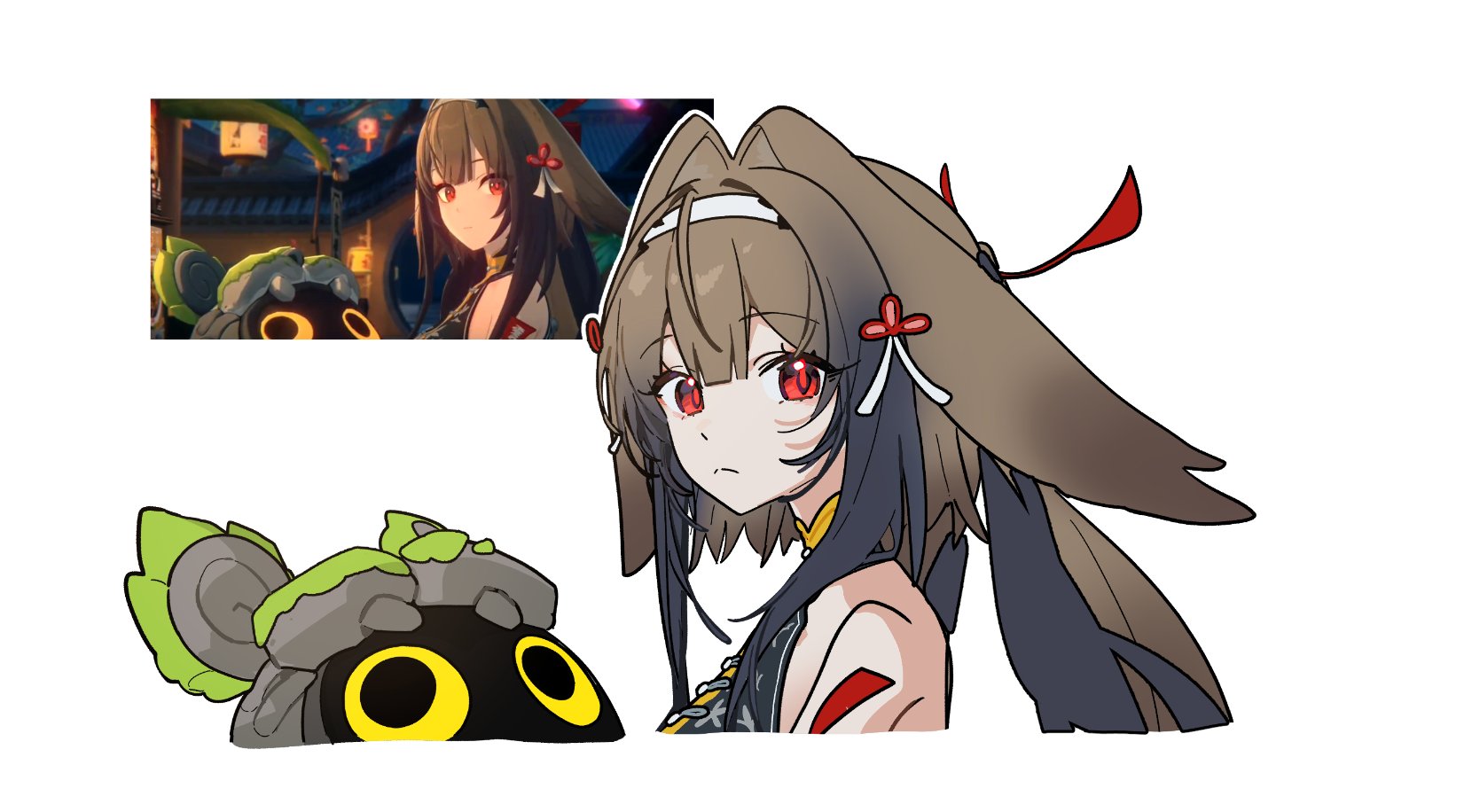 dandandanholo, bangboo (zenless zone zero), ye shunguang, zenless zone zero, commentary, hashtag-only commentary, highres, 1girl, animal ears, bare shoulders, brown hair, closed mouth, hair ornament, hairband, long hair, looking at viewer, photo inset, red eyes, reference inset, simple background, sketch, sleeveless, white background