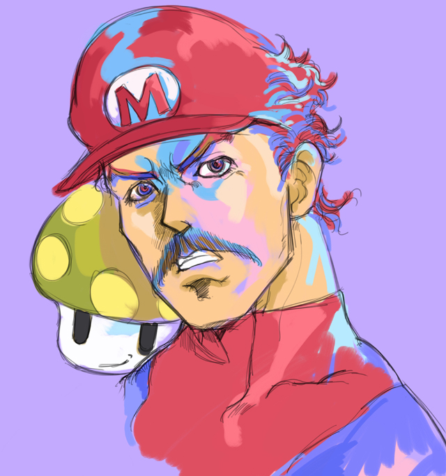 kazaana, mario, jojo no kimyou na bouken, mario (series), nintendo, super mario bros. 1, 1up, facial hair, male focus, mushroom, mustache, parody, solo