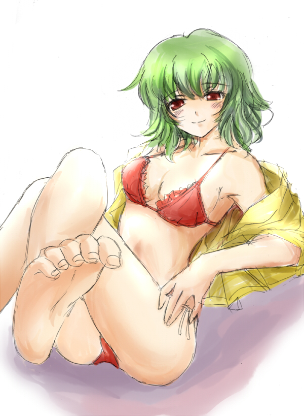 nekokotei, kazami yuuka, touhou, bad id, bad pixiv id, 1girl, barefoot, bra, crossed legs, feet, female focus, foot focus, green hair, lingerie, sitting, sketch, soles, solo, underwear