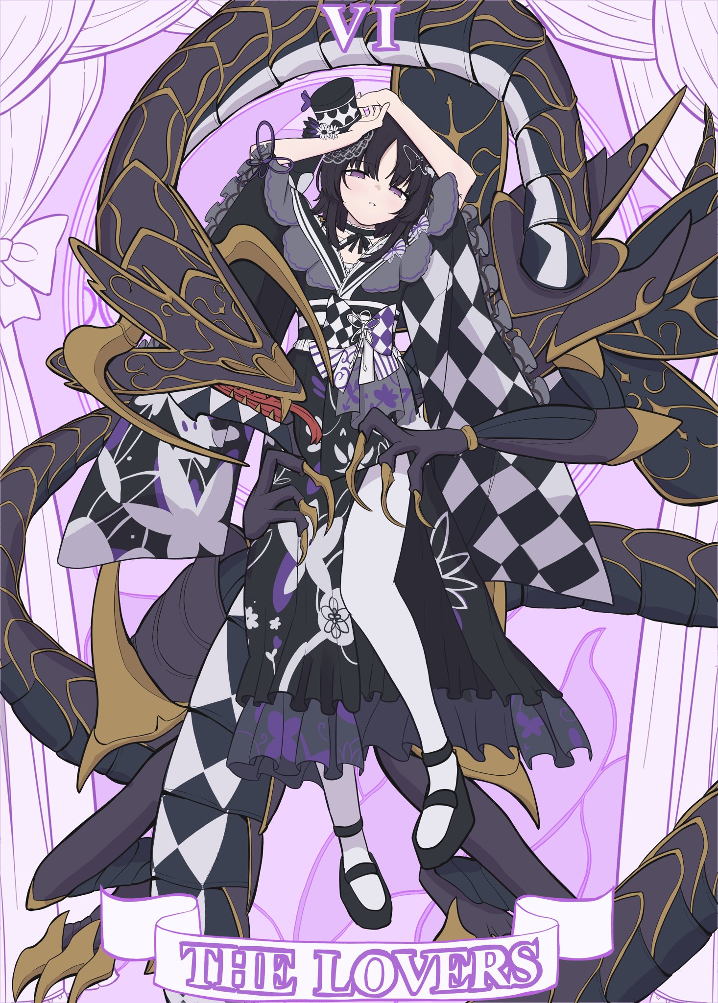 housho margo, mahou shoujo no majo saiban, commentary request, highres, 1girl, 4k (4kmuteki), arms up, black hair, black hat, black kimono, butterfly hair ornament, card (medium), curtains, dragon, frilled sleeves, frills, full body, hair ornament, hat, japanese clothes, kimono, lolita fashion, long sleeves, looking at viewer, obi, pantyhose, parted bangs, purple background, purple eyes, sash, short hair, solo, tarot, tarot (medium), the lovers (tarot), wa lolita, white pantyhose, wide sleeves