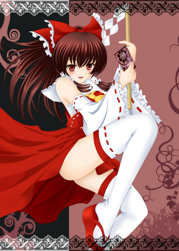 nekokotei, hakurei reimu, touhou, bad id, bad pixiv id, 1girl, card, detached sleeves, female focus, gohei, holding, holding card, japanese clothes, miko, ribbon, solo, thighhighs, white thighhighs