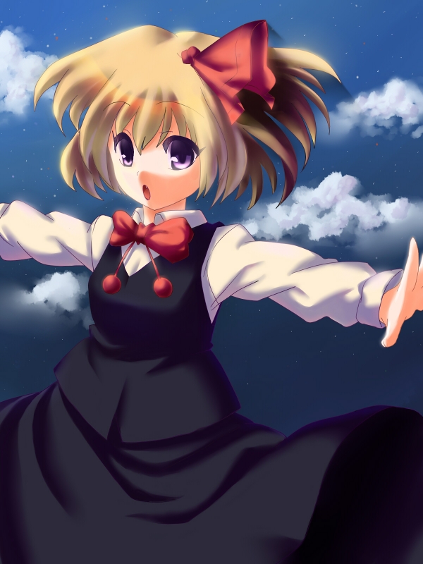 akimegu m, gohitsuki, rumia, embodiment of scarlet devil, touhou, 1girl, blonde hair, bow, cloud, day, fang, female focus, hair ribbon, purple eyes, red eyes, ribbon, sky, solo